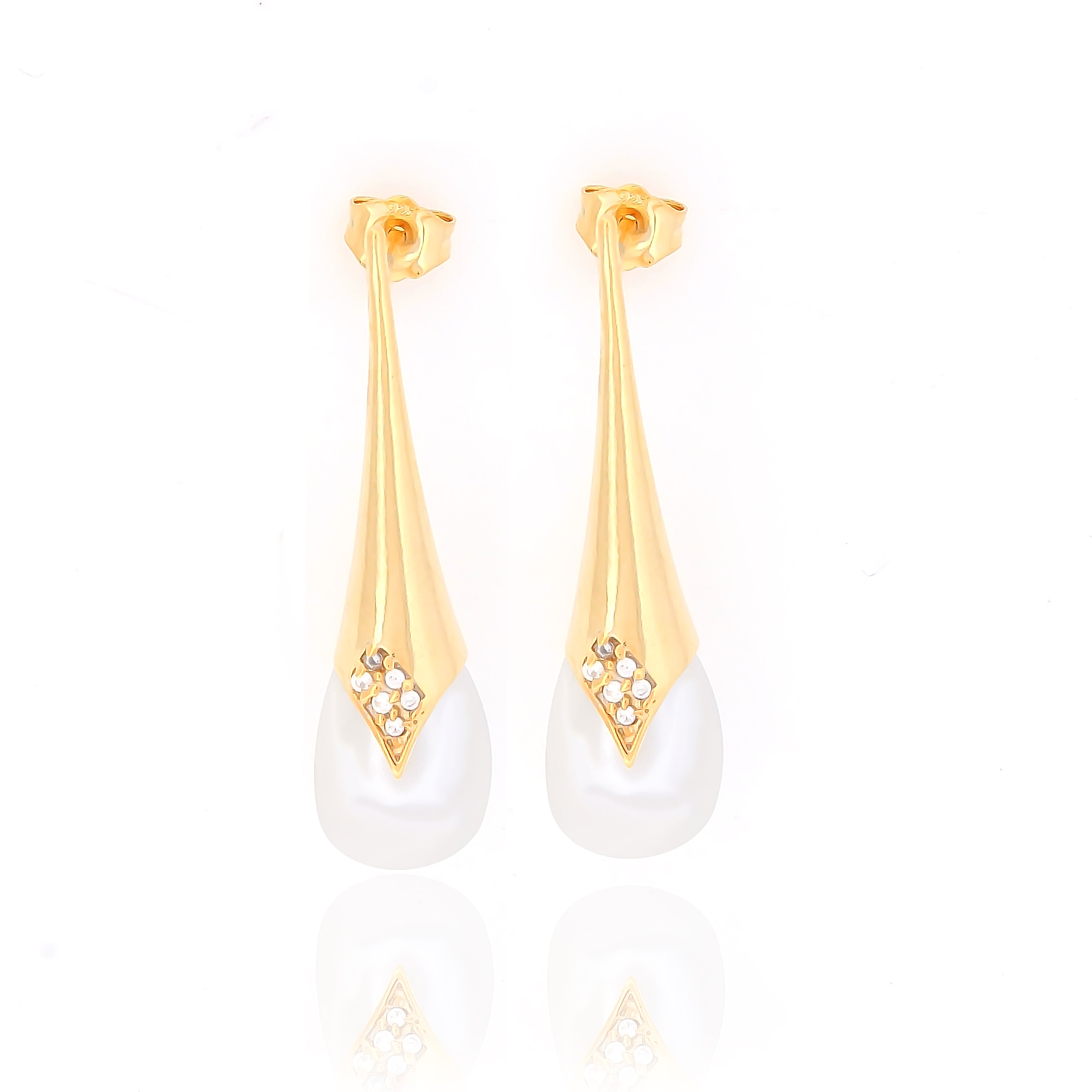 White Pearl Drop Silver Earring in Gold Polish