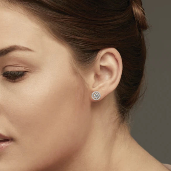 Woman Wearing Silver Halo Round Stud Earrings, 925 Sterling Silver Earrings ZIA Nagpur