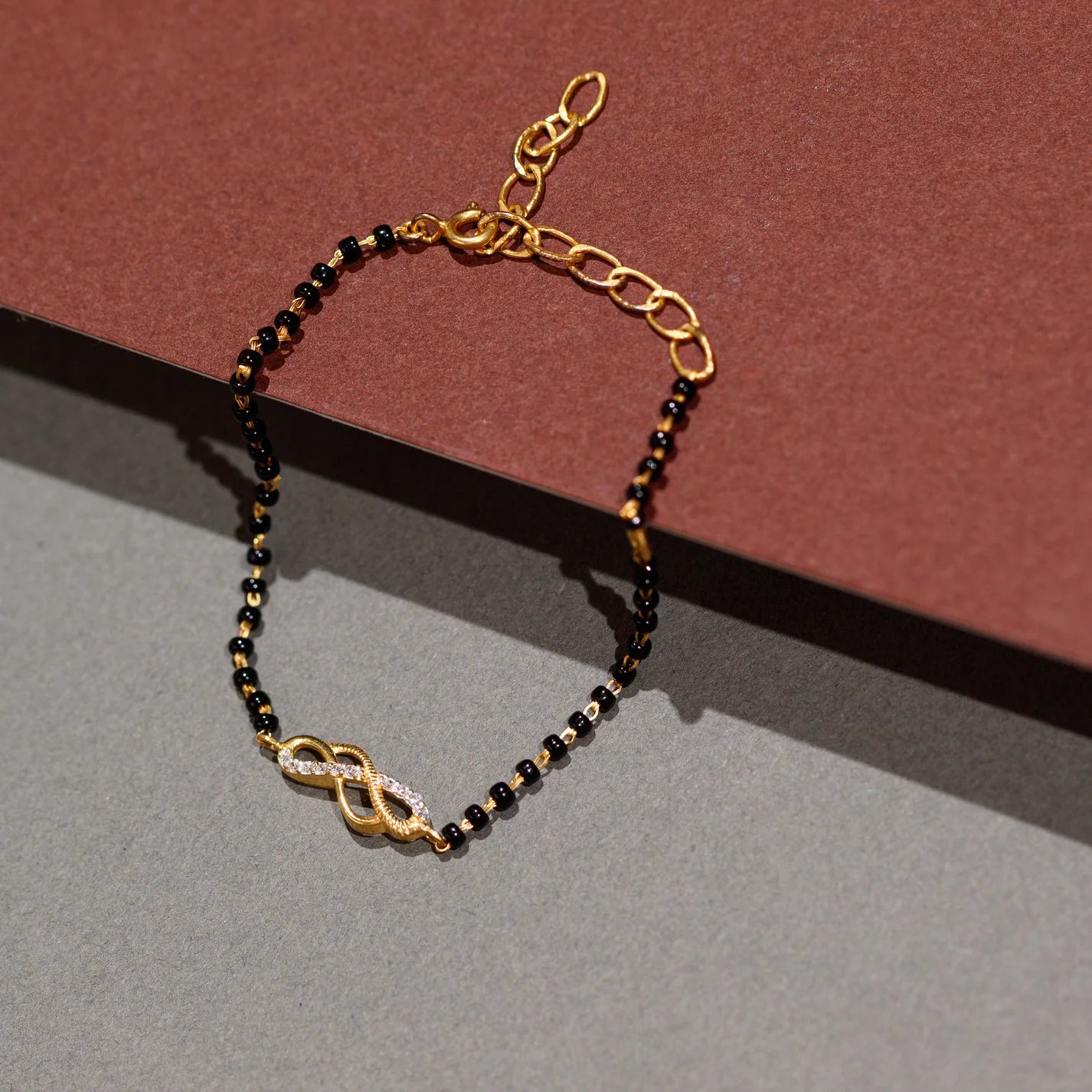 925 Sterling Silver Infinity Mangalsutra Bracelet Close Up with Black Beads, Pure Silver Bracelet ZIA Nagpur