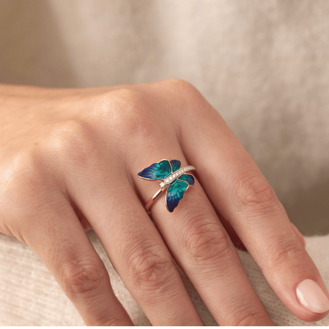 Silver Butterfly Ring Gold Polish on Hand, Enamel 925 Sterling Silver Ring for Women ZIA Nagpur