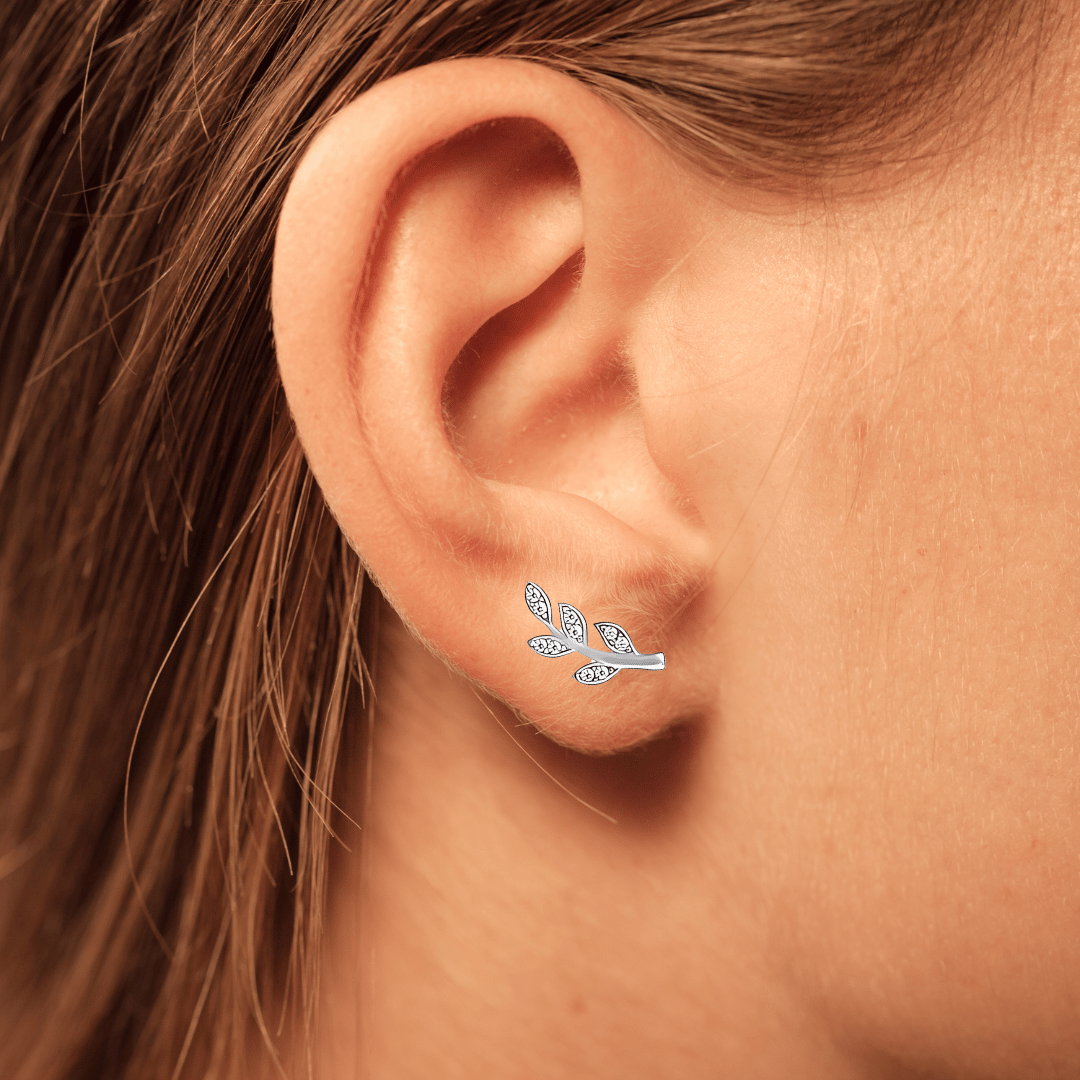 Woman Wearing 925 Sterling Silver Leaf Earring on Ear, Pure Silver Stud Earrings ZIA Nagpur