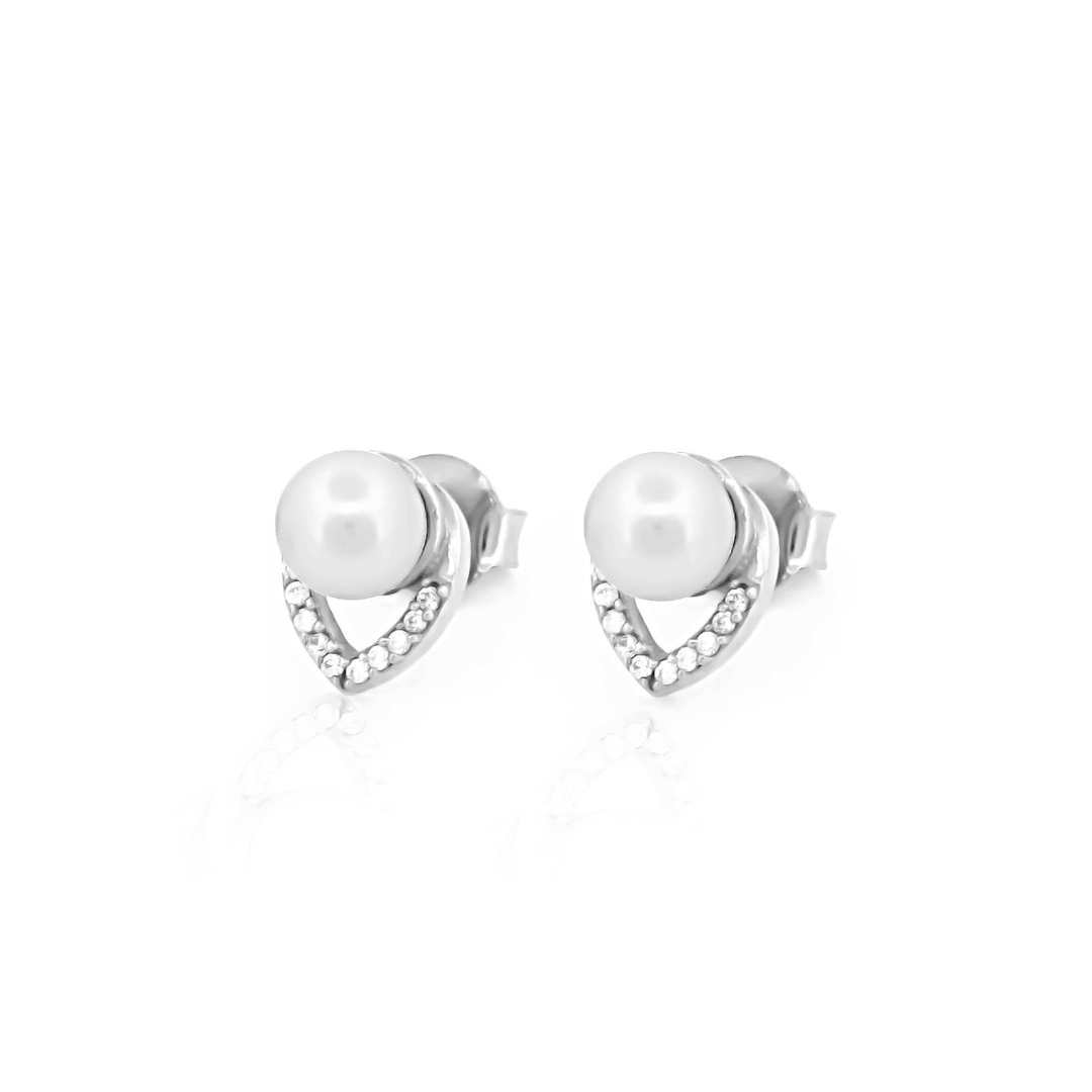 925 Sterling Silver Pearl and Cubic Zircon Statement Stud Earrings, Pure Silver Pearl Studs ZIA Jewellery Nagpur