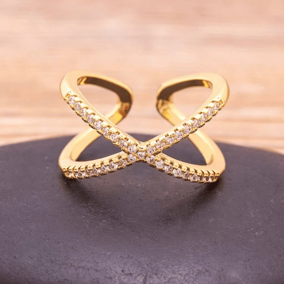 Elegant Cross x shaped Ring in Gold Polish