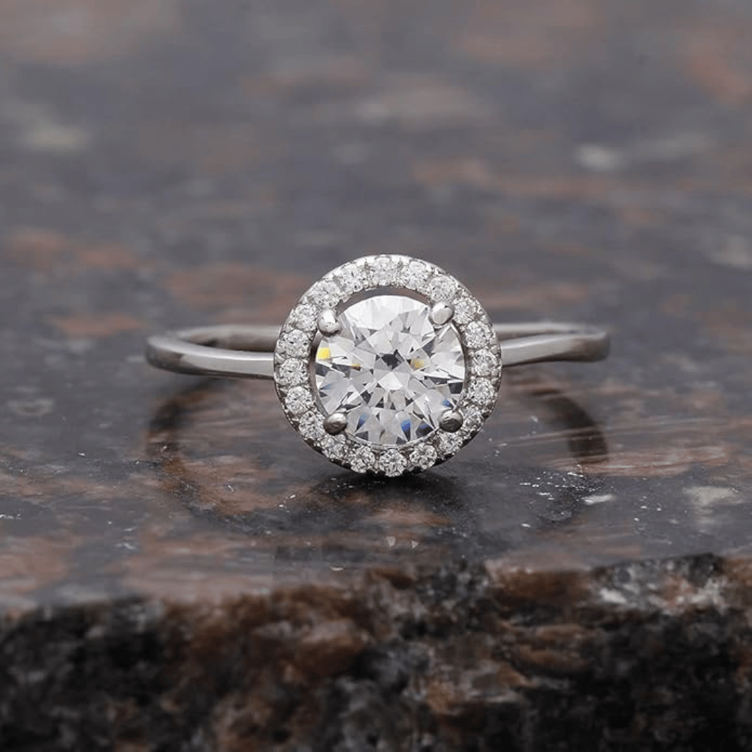 Silver Halo Round Ring Lifestyle, 925 Pure Silver Engagement Ring ZIA Jewellery Nagpur